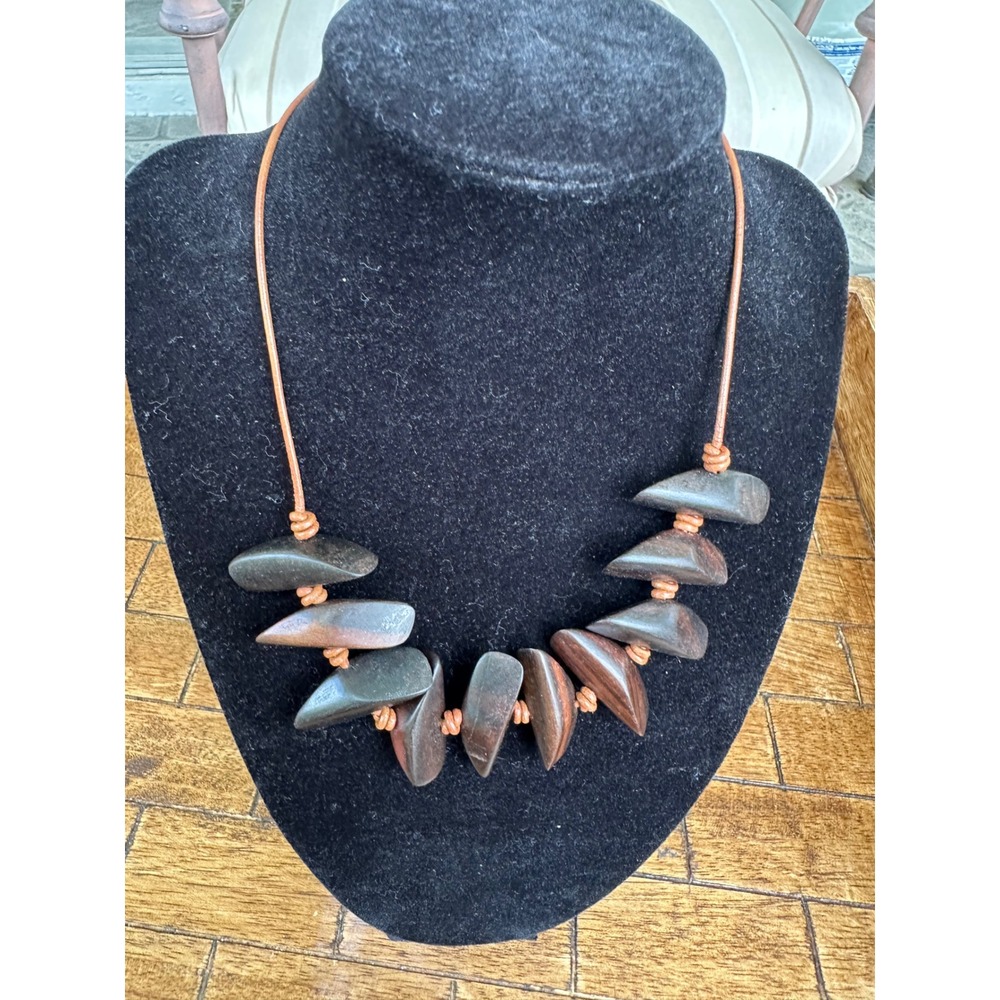 Peyote Bird carved Wood Leather Cord Sterling silver Necklace‎ 15" VGUC vintage